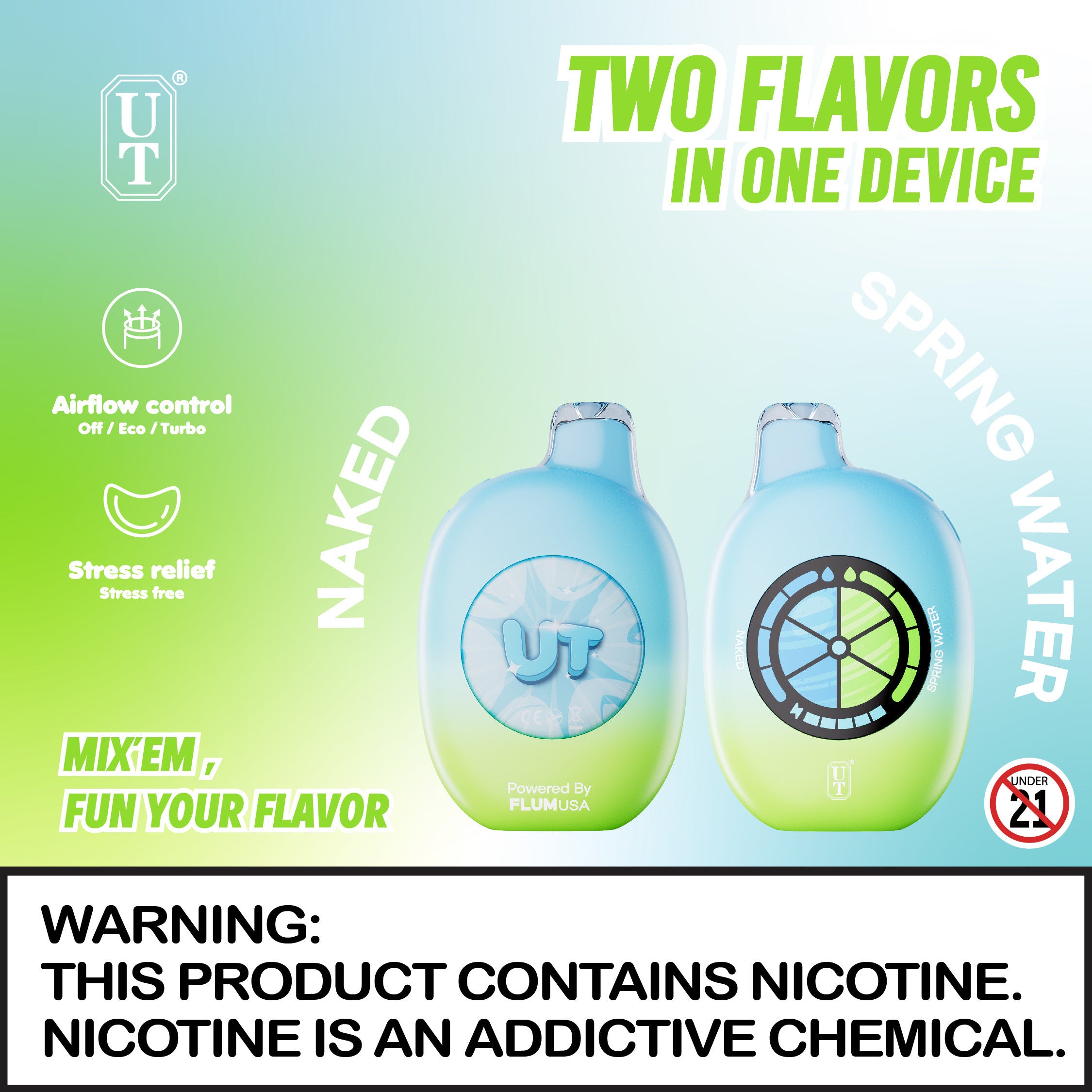 FLUM UT Bar 50,000 Dual Flavor Disposable with Eco & Turbo Modes | VentoVapin FLUM UT Bar 50,000 Dual Flavor Disposable with Eco & Turbo Modes | VentoVapin