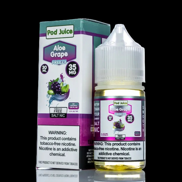 Pod Juice Aloe Grape Freeze e-liquid bottle and packaging on a white background