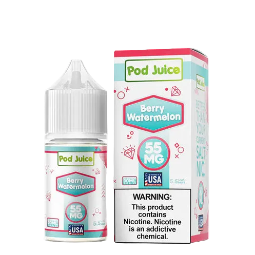 Pod Juice Berry Watermelon vape juice bottle and packaging on a white background