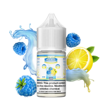 pod juice Bottle of Blue Raz Lemonade vape juice with blueberries and lemon slices on a white background