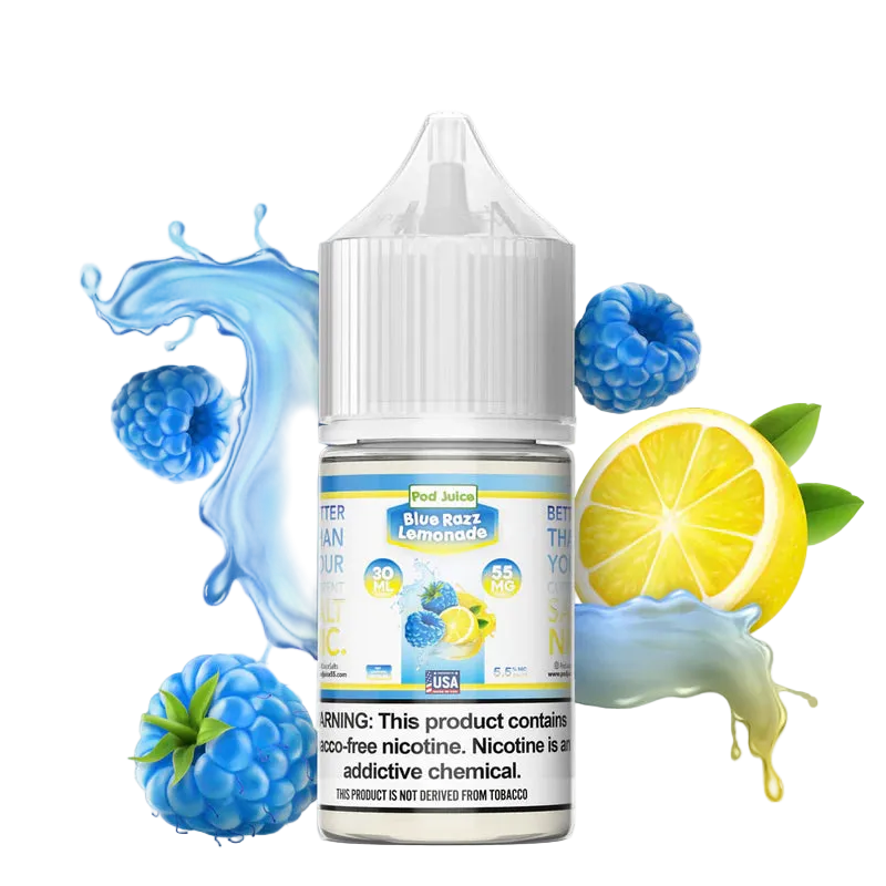 pod juice Bottle of Blue Raz Lemonade vape juice with blueberries and lemon slices on a white background