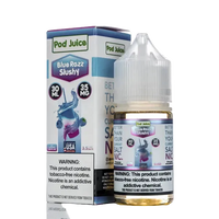Pod Juice Blue Razz Slushy vape juice bottle and packaging on a white background