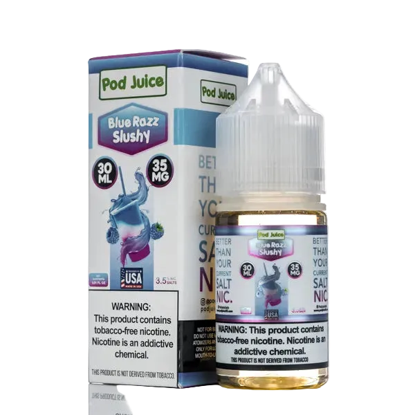 Pod Juice Blue Razz Slushy vape juice bottle and packaging on a white background