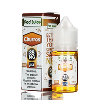 Pod Juice Churros vape juice bottle and packaging on a white background nicotine e-liquid