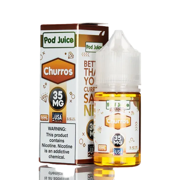 Pod Juice Churros vape juice bottle and packaging on a white background nicotine e-liquid