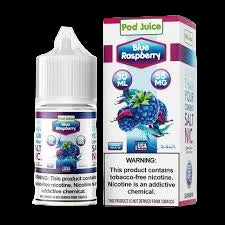 Raspberry-flavored vape juice bottle and packaging with a warning label.