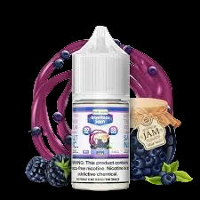pod juice Bottle of blueberry-flavored e-liquid with blueberries and a cloud in the background