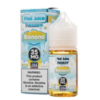 Pod Juice Freeze Banana vape juice bottle and packaging on a white background