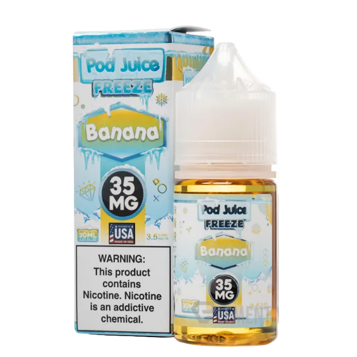 Pod Juice Freeze Banana vape juice bottle and packaging on a white background