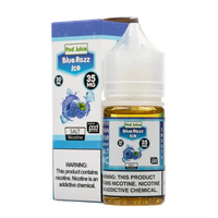 Pod Juices Blue Raz Ice nicotine salt packaging and bottle on a white background
