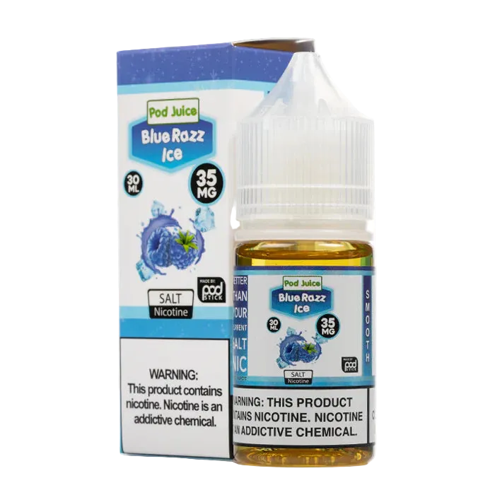 Pod Juices Blue Raz Ice nicotine salt packaging and bottle on a white background