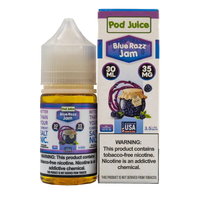 Pod Juice Blue Razz Jam e-liquid bottle and packaging on a white background