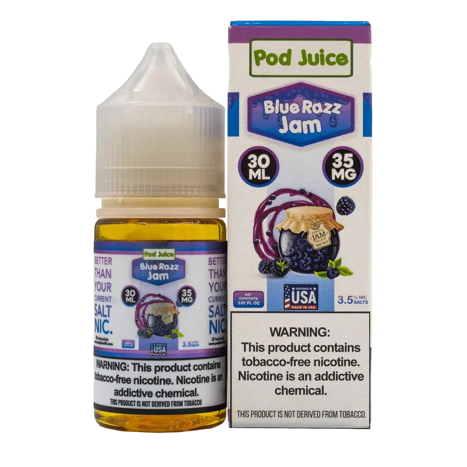 Pod Juice Blue Razz Jam e-liquid bottle and packaging on a white background