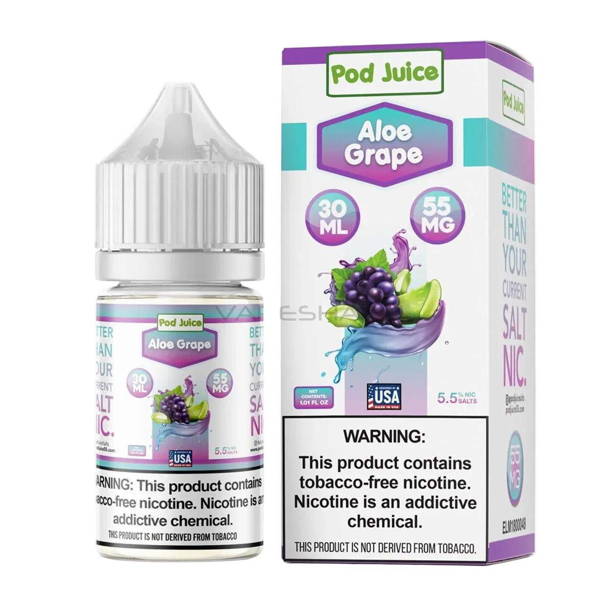 Pod Juice Aloe Grape e-liquid bottle and packaging on a white background