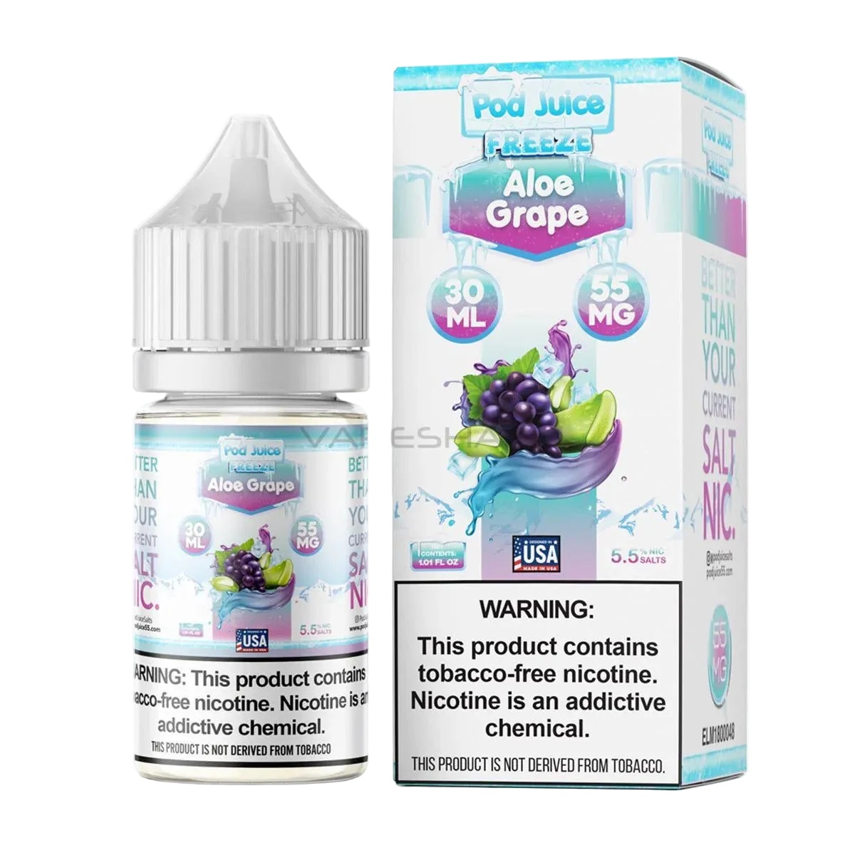 Pod Juice Freeze Aloe Grape e-liquid bottle and packaging on a white background