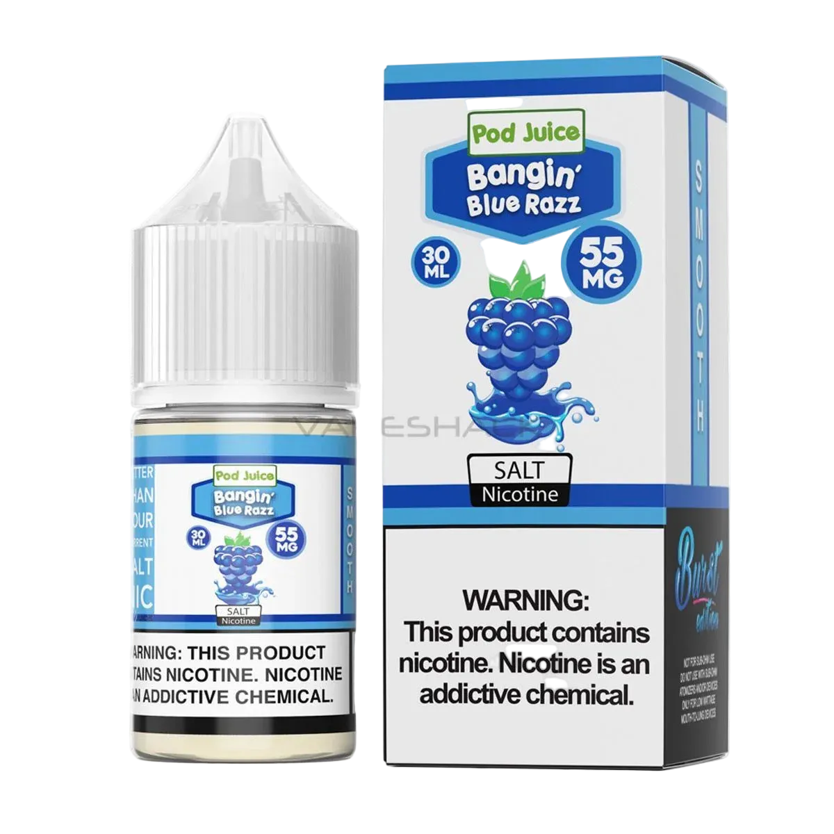 Pod Juice Bangin' Blue Razz vape juice bottle and packaging on a white background