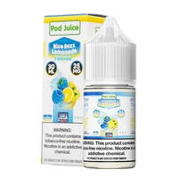 Pod Juice Blue Razz Lemonade vape juice bottle and packaging on a white background