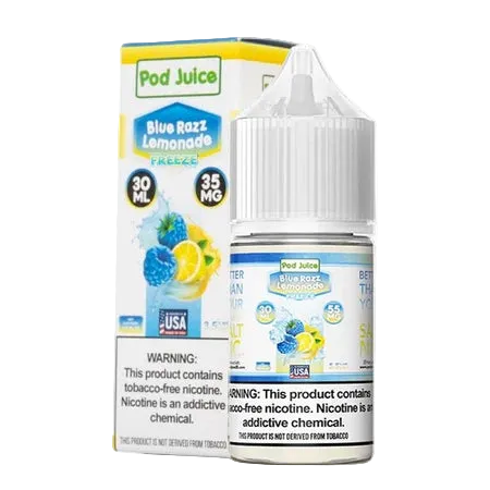 Pod Juice Blue Razz Lemonade vape juice bottle and packaging on a white background